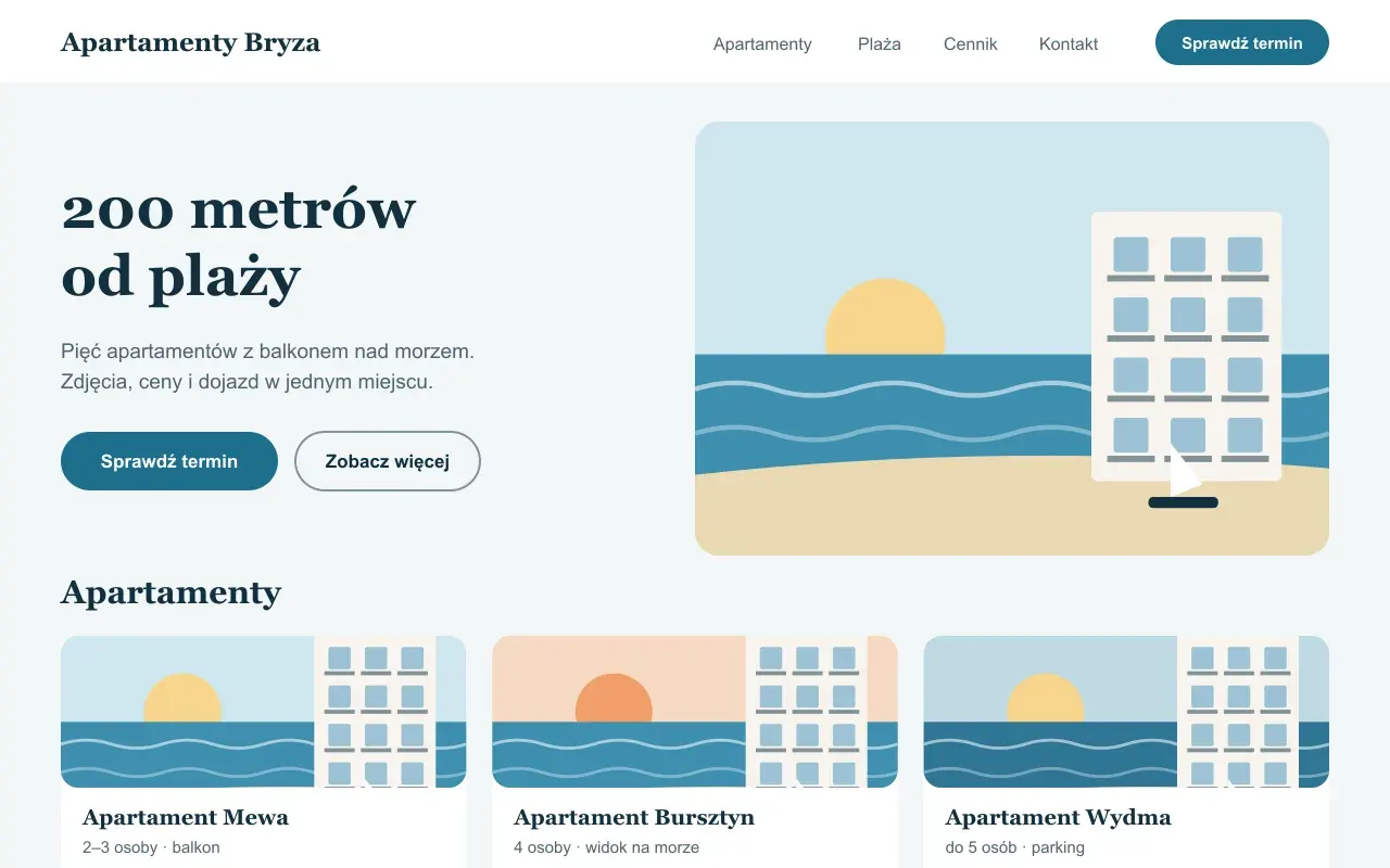 Projekt przykładowy: strona główna fikcyjnej firmy Apartamenty Bryza (apartamenty nad morzem)
