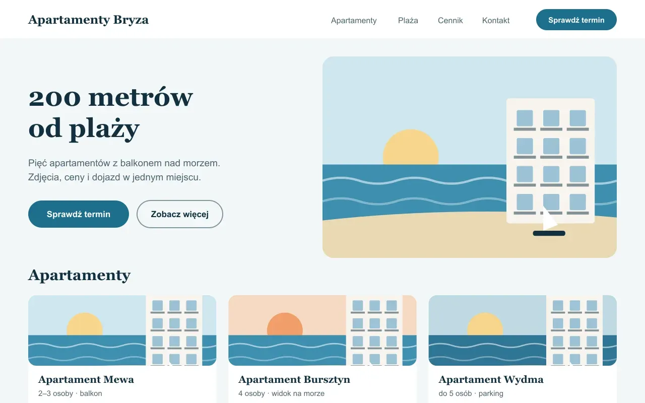 Projekt przykładowy: strona fikcyjnej firmy Apartamenty Bryza (apartamenty nad morzem)