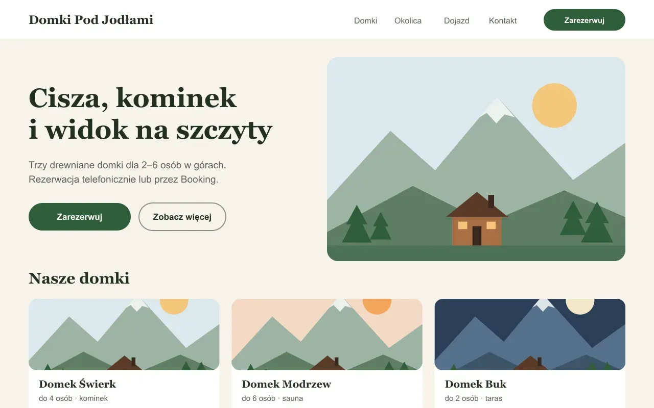 Projekt przykładowy: strona główna fikcyjnej firmy Domki Pod Jodłami (domki w górach)