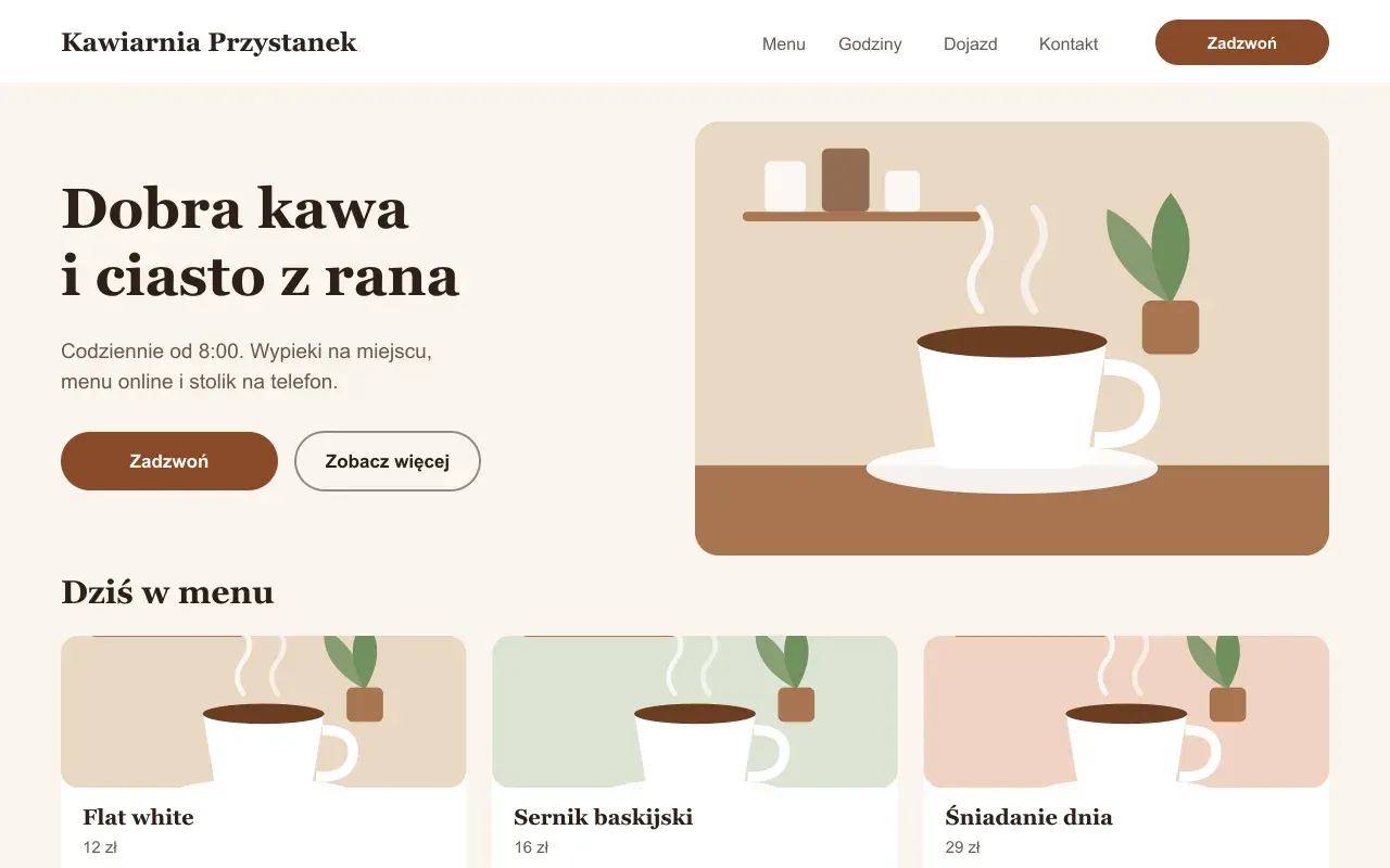 Projekt przykładowy: strona główna fikcyjnej firmy Kawiarnia Przystanek (kawiarnia)
