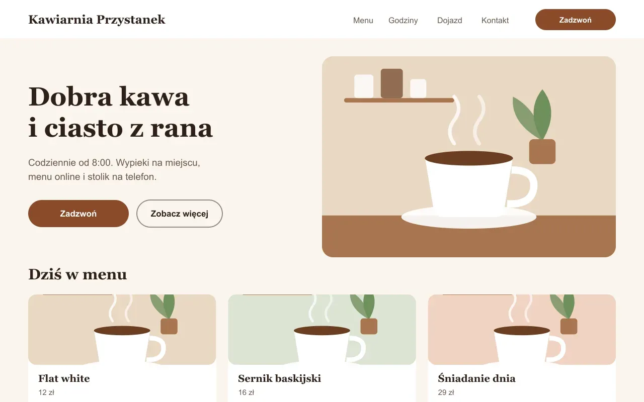 Projekt przykładowy: strona fikcyjnej firmy Kawiarnia Przystanek na komputerze i telefonie