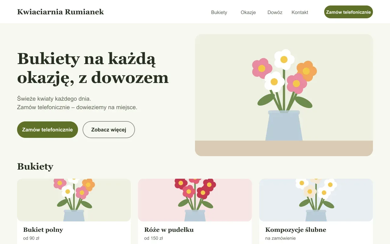 Projekt przykładowy: strona fikcyjnej firmy Kwiaciarnia Rumianek na komputerze i telefonie