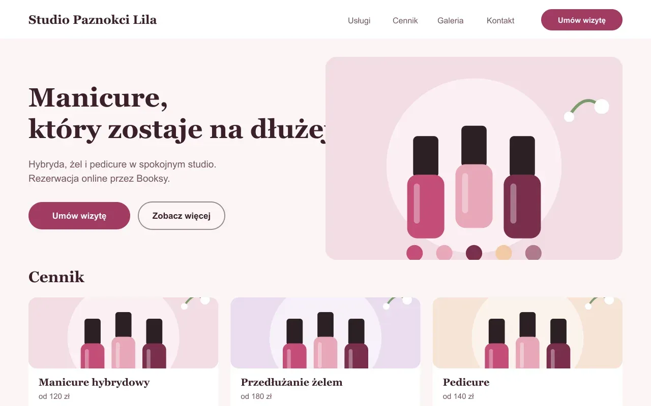 Projekt przykładowy: strona fikcyjnej firmy Studio Paznokci Lila na komputerze i telefonie