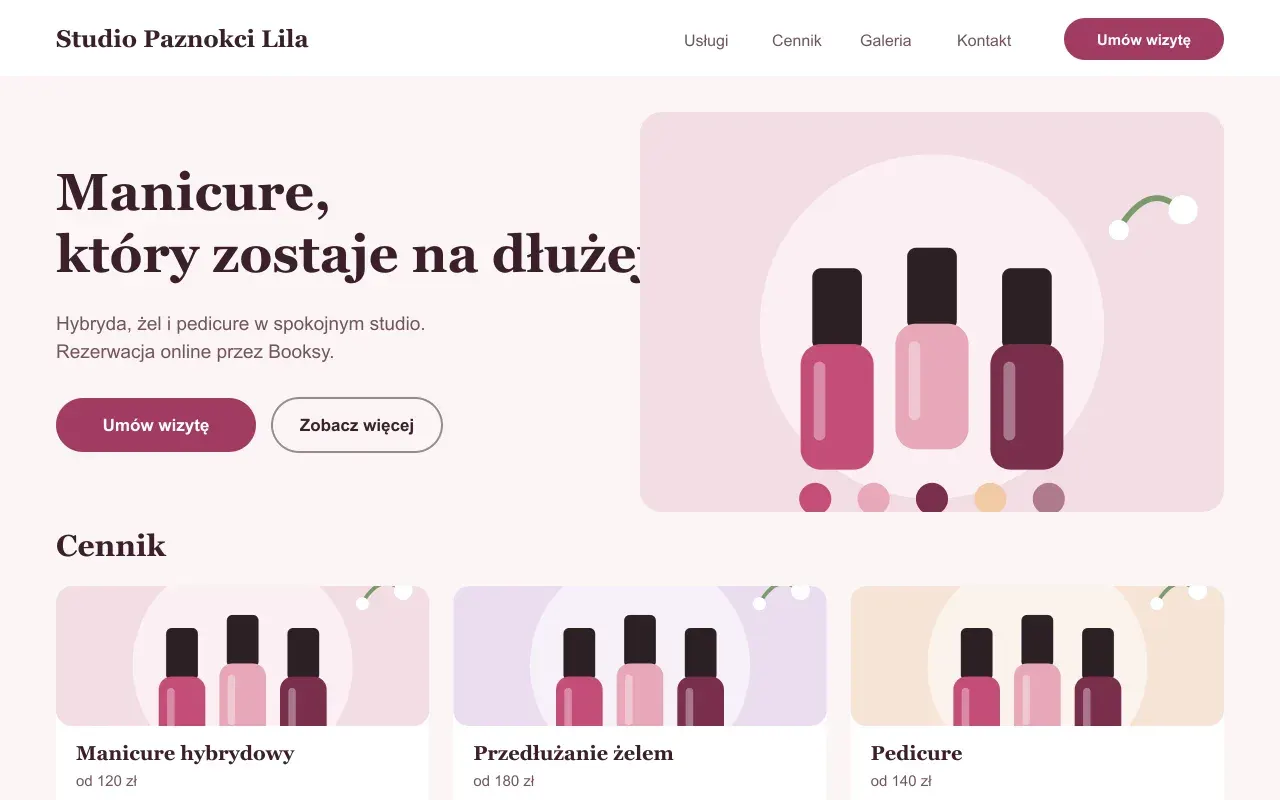 Projekt przykładowy: strona główna fikcyjnej firmy Studio Paznokci Lila (salon paznokci)